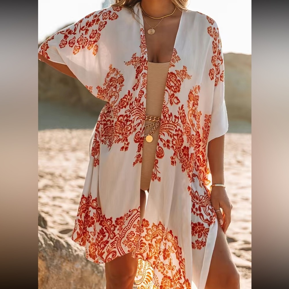 Elegant White and Red Kimono Cardigan